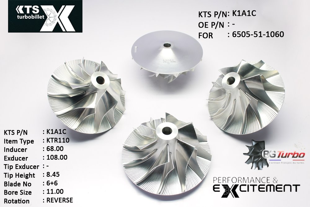 Turbo ROUE FORGÉE MFS PERFORMANCE - 6+6 PALES - INDUCER : 68 - EXDUCER : 108 - TYPE : KTR110ANGLE : 60° - ROTATION : Reverse - SUPER BACK : 8,55 - BORE SIZE : 11
